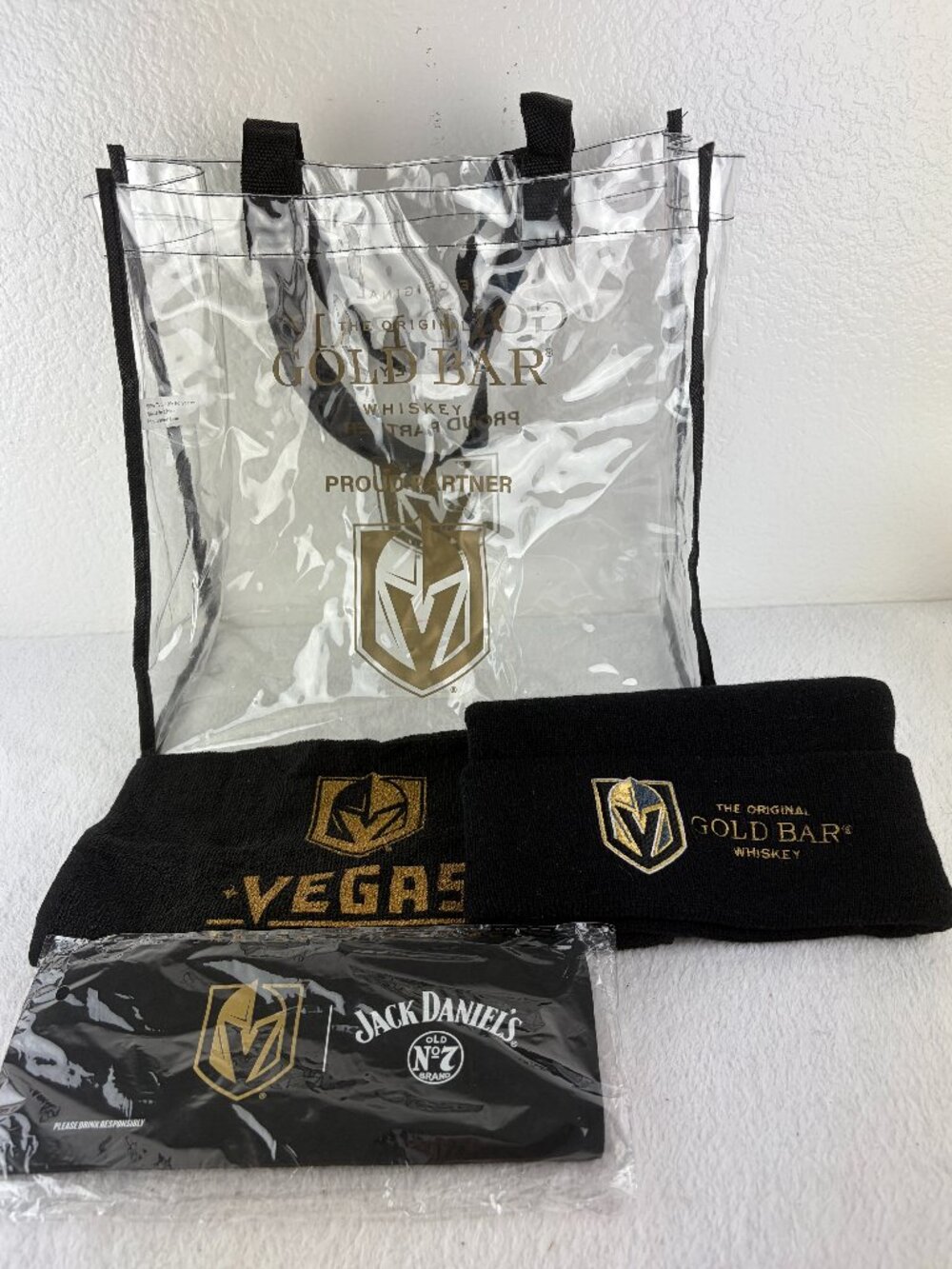 Vegas Golden Knights Gold Bar Clear Tote Bag, Beanie, Towel, Snap Coozie